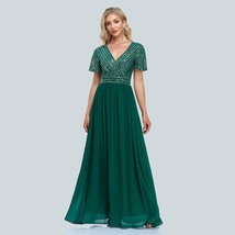2023 New Women Green Evening Dresses Elegant V-Neck Sequins Chiffon Formal  Gown - £102.20 GBP