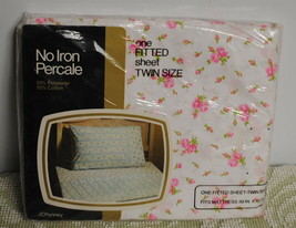 JC Penney Sheet NOS Fitted Twin Size Vintage No-Iron Percale Pink Roses - £54.07 GBP