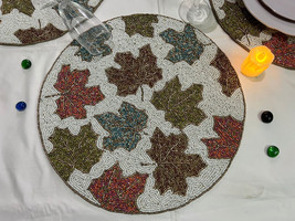 Set Of Maple Leaves Placemats Autumn Tablemats Beaded Charger Plate 13X13 Inch - £52.80 GBP+