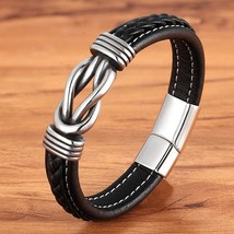 Geometric Stainless Steel Men&#39;s Leather Bracelet Hand-woven Magnetic Clasp Black - £13.67 GBP