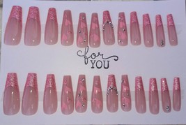 24pc Press on Nails Pink Glitter Rhinestones French Tip Hearts Long Length - £6.39 GBP