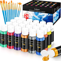 Metallic Acrylic Paint Set with 12 Brushes, 24 Colors (59Ml, 2Oz) Art Craft Pain - £27.43 GBP