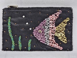 Angelfish Coin Change Wallet Black Multicolor Sequins Satin Zipper Under Sea - £15.41 GBP