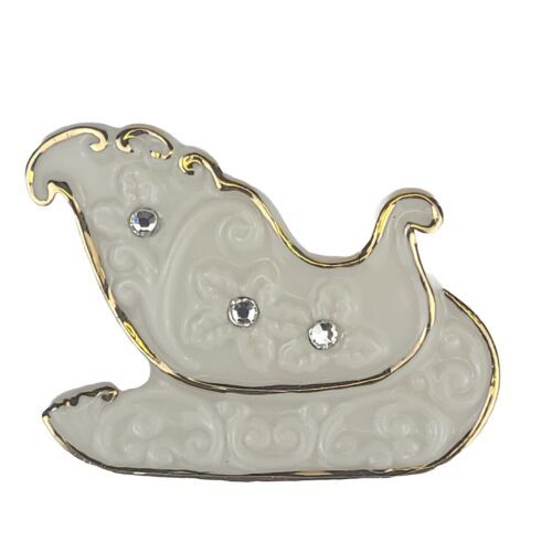 Lenox Christmas Holiday Sleigh Brooch Pin 24 kt Gold Trim White Rhinestones  - $4.88