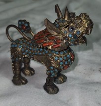 Vintage Tibetan Turquoise, Coral Bronze Foo Dog Lion Snuff Bottle Incens... - $204.99