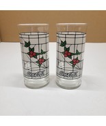 2 VTG COCA COLA CHRISTMAS HOLLY BERRY STAINED GLASS FROSTED 6&quot; DRINKING ... - £11.32 GBP