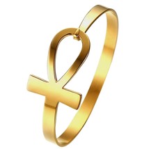 Egyptian Ankh Cuff Bracelet Gold PVD Plated Stainless Steel Aunk Bangle - £15.17 GBP