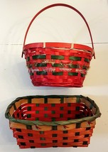 Christmas Wicker Basket LOT Green &amp; Red Cardinal Woven Reed Natural Fiber - £12.35 GBP