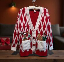 HOLIDAY TIME CHRISTMAS CARDIGAN REINDEER GINGERBREAD RED size small - RU... - $24.74