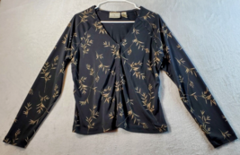 Liz Claiborne Blouse Top Womens Size Large Black Palm Leaf Long Sleeve V Neck - £13.98 GBP