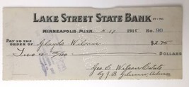 Lake Street State Bank Minneapolis Minnesota Antique Check 1918 #90 5/17/18 - $10.00