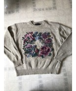 Vintage 90&#39;s Eddie Bauer Wool Bl Cream Floral Wreath Flowers Sweater Large - $111.89