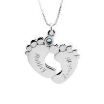 Sterling Silver Engraved Baby Feet Birthstone Necklace Pendant Charm And Chain - £95.91 GBP