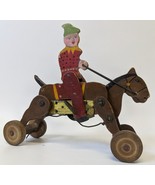 Vintage Antique JAPAN Wind-up Mechanical Wooden Horse on Wheels w/ Clown - £442.35 GBP