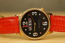 Vintage Jewelry 1990s Era GUESS Brand Quartz Watch Red Band Multi Color ... - $19.79