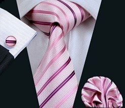 Hi-Tie Men&#39;s Pink Striped Necktie with Hanky and Cufflinks  - £15.62 GBP