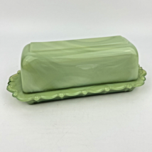 Unmarked Green Marble Scroll Design Glass Jadeite Butter Dish Vintage Be... - $51.43