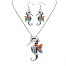 Colorful Seahorse Pendant and Earring Set Silver Chain Necklace USA Shipper #7 - £9.62 GBP