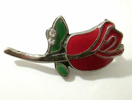 Silver Tone Red &amp; Green Enamel Rose Crystal Rhinestone Accent Lapel Pin C Catch - £11.84 GBP