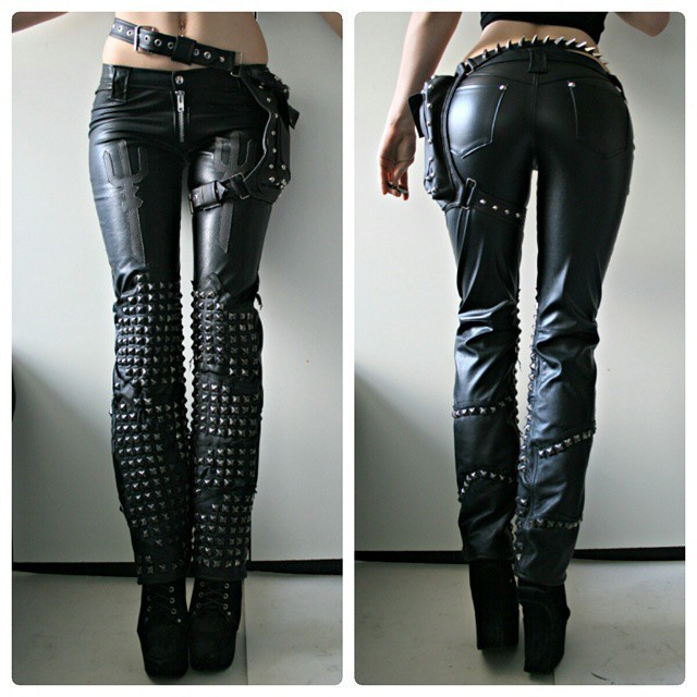 Women Straight Black Silver Studded Zipper Genuine Leather Waist Belted  Pants