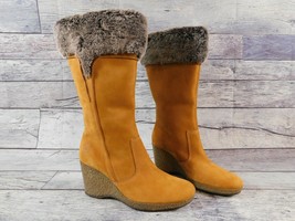 Timberland Leather Mid Calf Tall Wedge Heeled Womens Faux Fur Cuff Boots Sz 6.5M - £63.88 GBP