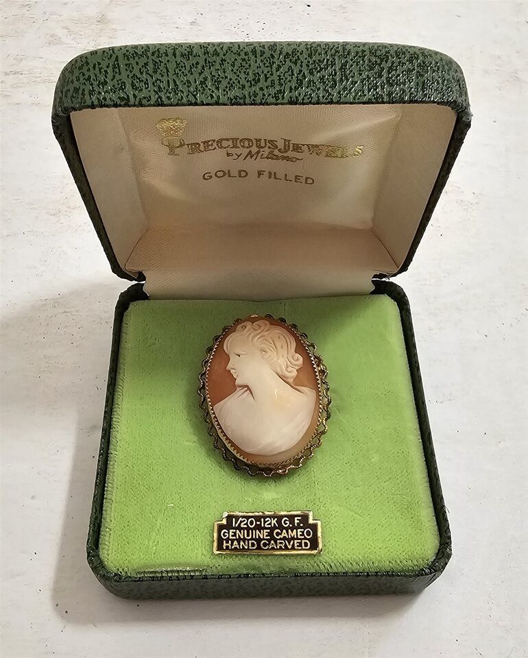 Primary image for Vtg Precious Jewels by Milano 12K Gold Fill Hand Carved Cameo Brooch Pin in Box