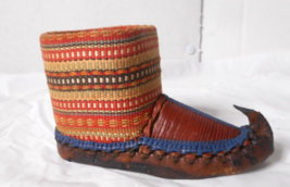 Vtg Serbian Peasant Shoe Opanak Small Pin Cushion Frame Leather Fabric Handmade - £17.03 GBP