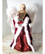 New 16&quot; Christmas Angel Tree Topper Plastic Bottom Red Dress Holding Harp - $31.44 CAD
