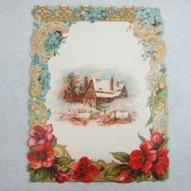 Antique Victorian Reward of Merit Card Girl Winter Snow Cabin &amp; Flowers Ephemera - £11.98 GBP