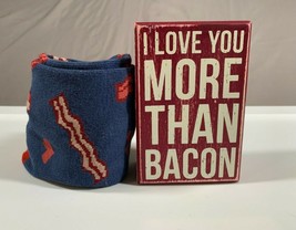 Wooden Box Sign &amp; Socks Gift Set &quot;Love You More Than Bacon&quot; 5x3x2 NEW - £6.39 GBP