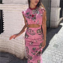 Fashion O-neck Summer Floral Print Sleeveless Hollow Out Long Dress - £35.53 GBP
