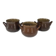 3 Crate &amp; Barrel Soup Pot Bean Chili Crock Handles Stoneware Brown Ribbed Hive - $34.64