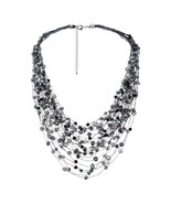 Black Grey Pearl Crystal Silk Layered Multi Strand Necklace - £34.78 GBP