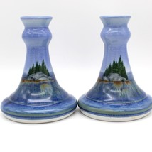 Candle Stick Holders Blue Island Scene Signed SRP Stoneware Art Studio Pottery  - £27.80 GBP