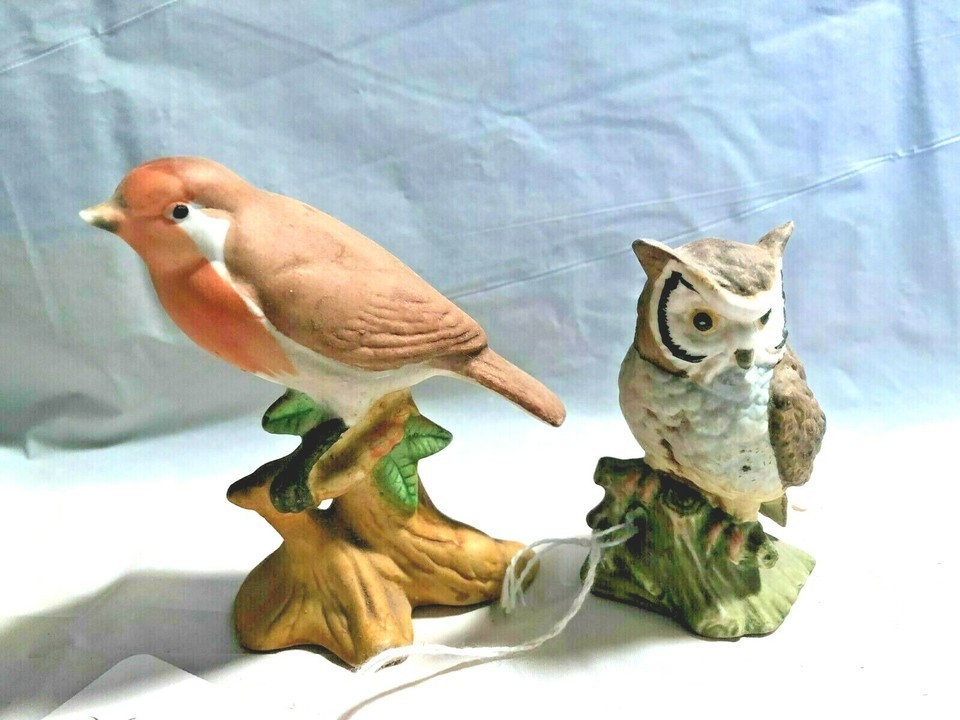 Owl and Robin 2 Vintage Bisque Porcelain Birds - $7.99