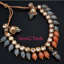 VeroniQ Trends-Indian Kundan,Pearl Necklace set in Grey,Orange beads,Jhumka-VK - £55.95 GBP