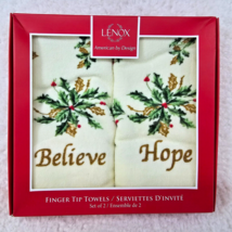 Lenox Christmas Towels Set of 2 Hand Finger Tip Holly Believe Cream Hope... - $19.59