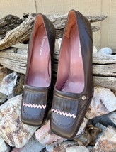 Etienne Aigner Women Brown Leather Square Toe Pink Tassel Heel  Size 8M EUC - £18.77 GBP