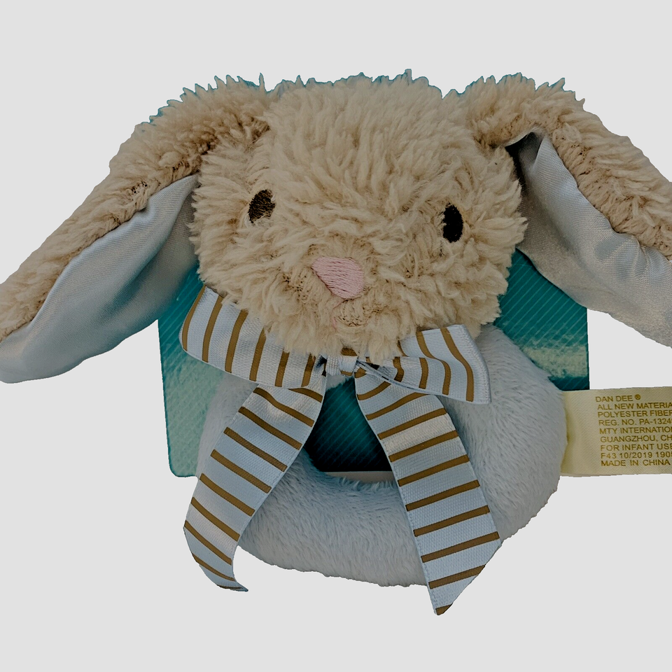 Infant Bunny Plush Rattle Tan Plush Blue Satin Ears Rabbit Teether Easter NEW - $5.95