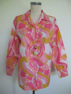 Primary image for Vintage 60s 70s Mod Print Polyester Crepe Blouse Top L 42 B Pink Orange Yellow