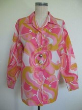 Vintage 60s 70s Mod Print Polyester Crepe Blouse Top L 42 B Pink Orange ... - £23.59 GBP