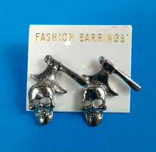 Axe Skull Earrings VTG from 80s NOS Hatchet Skeleton Head Jewelry Metal Punk - £3.28 GBP