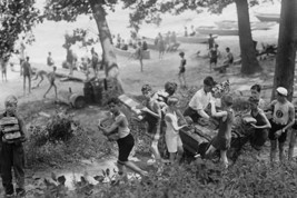 Group of Boys carry loaves of bread from wagons near Beach front in woods. - Art - £17.51 GBP+