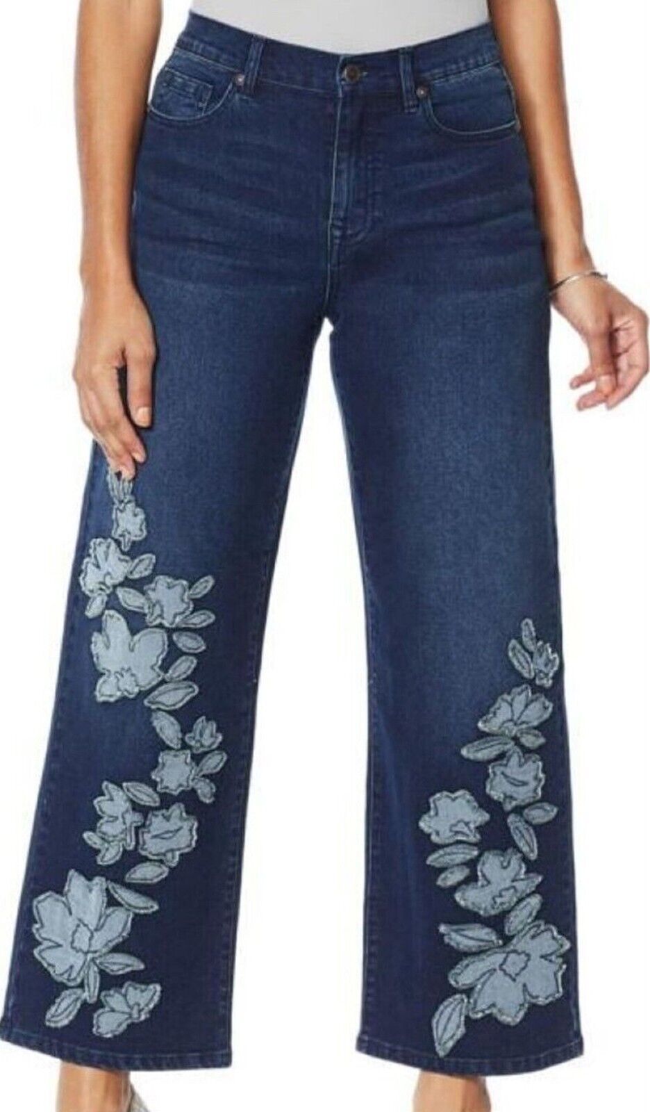 Primary image for DG2 Diane Gilman Indigo Blue Embroidered Frayed Wide Leg Denim Jeans Size 2 NIP