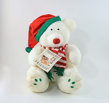Christmas Bear White Plush Nylon With Scarf Holiday Animal 12&quot; Vintage - £15.10 GBP