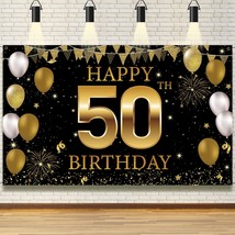 50Th Birthday Decorations Backdrop Banner, Black Gold Happy 50Th Birthday Decora - £20.44 GBP