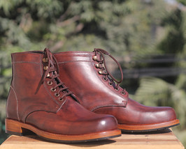 Handmade Burgundy Leather Ankle High Lace Up Boots, Men Designer Fashion Boots - £125.82 GBP+
