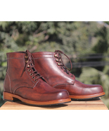 Handmade Burgundy Leather Ankle High Lace Up Boots, Men Designer Fashion... - £128.19 GBP+