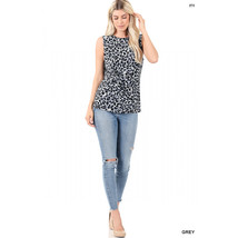 Sleeveless Top Leopard Print   Knotted Front Crew Neck - Gray - £23.64 GBP