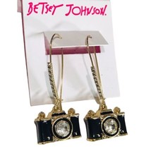 NEW BETSEY JOHNSON GOLD+BLACK TONE,CRYSTALS,VINTAGE CAMERA EARRINGS - £48.60 GBP